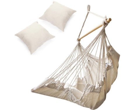 Krzesło Brazylijskie z Podnóżkiem i 2 Poduszkami – Wiszący Fotel Boho 130cm – Beż