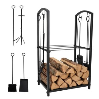 Metalowy Stojak na Drewno Kominkowe + 4 Akcesoria – Loftowy Organizer – Czarny