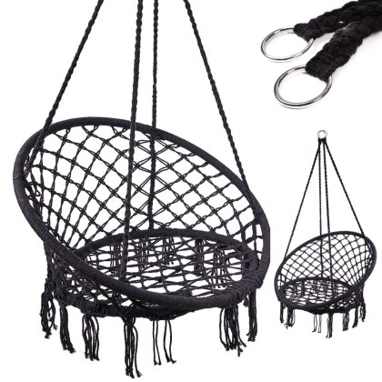 Huśtawka LUARO Fotel Bocianie Gniazdo – Czarna Makrama 80cm – do 150kg