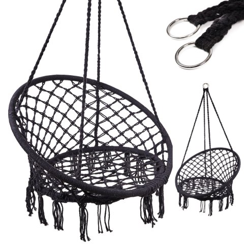 Huśtawka LUARO Fotel Bocianie Gniazdo – Czarna Makrama 80cm – do 150kg