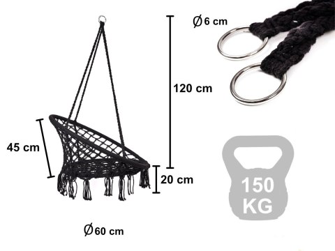Huśtawka LUARO Fotel Bocianie Gniazdo – Czarna Makrama 80cm – do 150kg