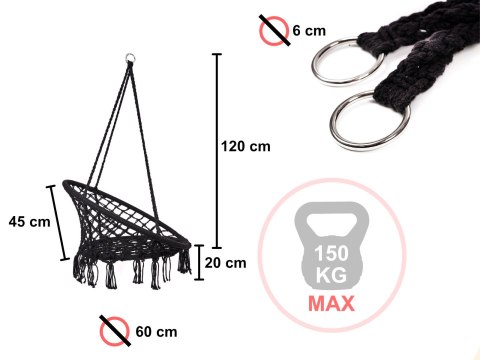 Huśtawka LUARO Fotel Bocianie Gniazdo z Miękką Poduszką – Czarna Makrama 80cm – do 150kg