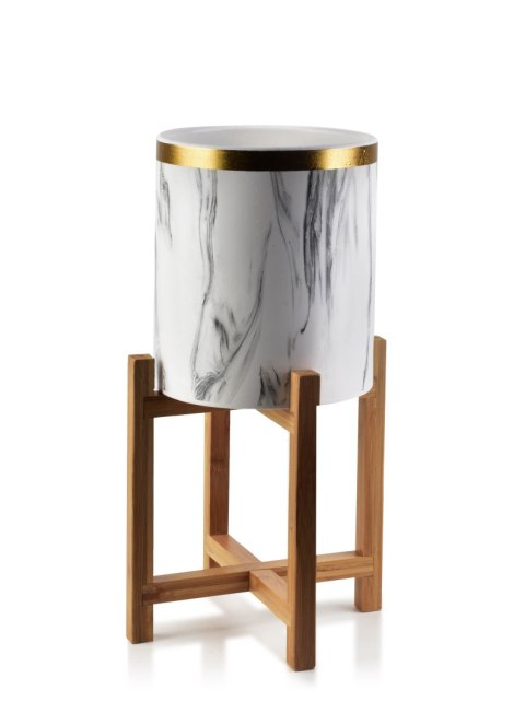 Marmurowa Doniczka na Drewnianym Stojaku AVA BEIGE 18 cm – Elegancka Osłonka ze Złotym Rantem