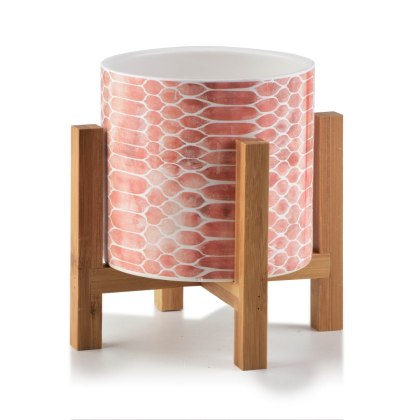 Pomarańczowa Doniczka AVA 16 cm na Stojaku – Ceramiczna Osłonka w Geometryczny Wzór