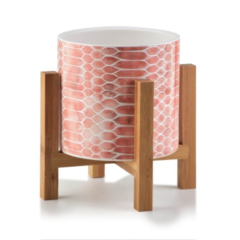 Pomarańczowa Doniczka AVA 16 cm na Stojaku – Ceramiczna Osłonka w Geometryczny Wzór