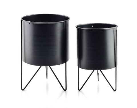 Zestaw 2 Czarnych Kwietników Loft SWEN BLACK – Metalowe Osłonki na Stojaku 26 cm i 23 cm