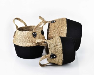 Zestaw 3 Koszy BALI Black – Naturalna Trawa Morska i Czarny Filc | Boho & Loft